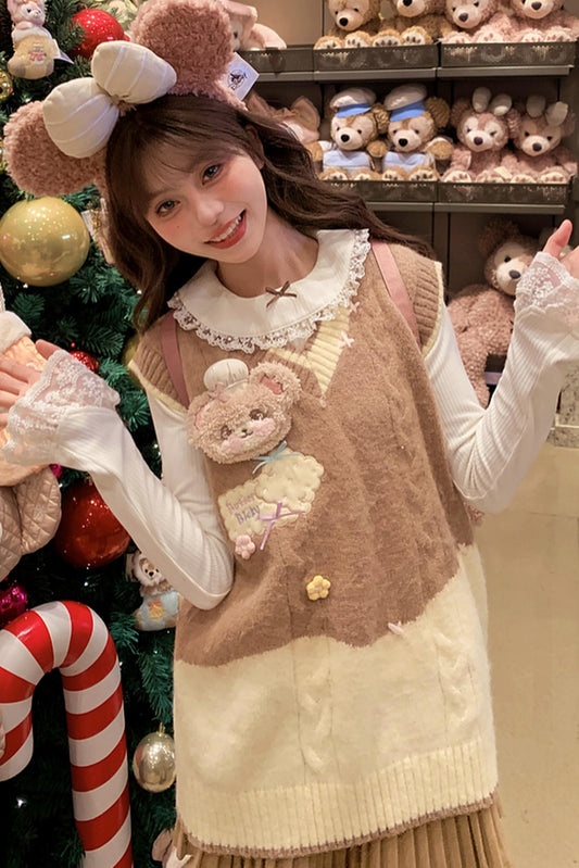 Sweet Bear Embroidered Knitted Vest + Cardigan