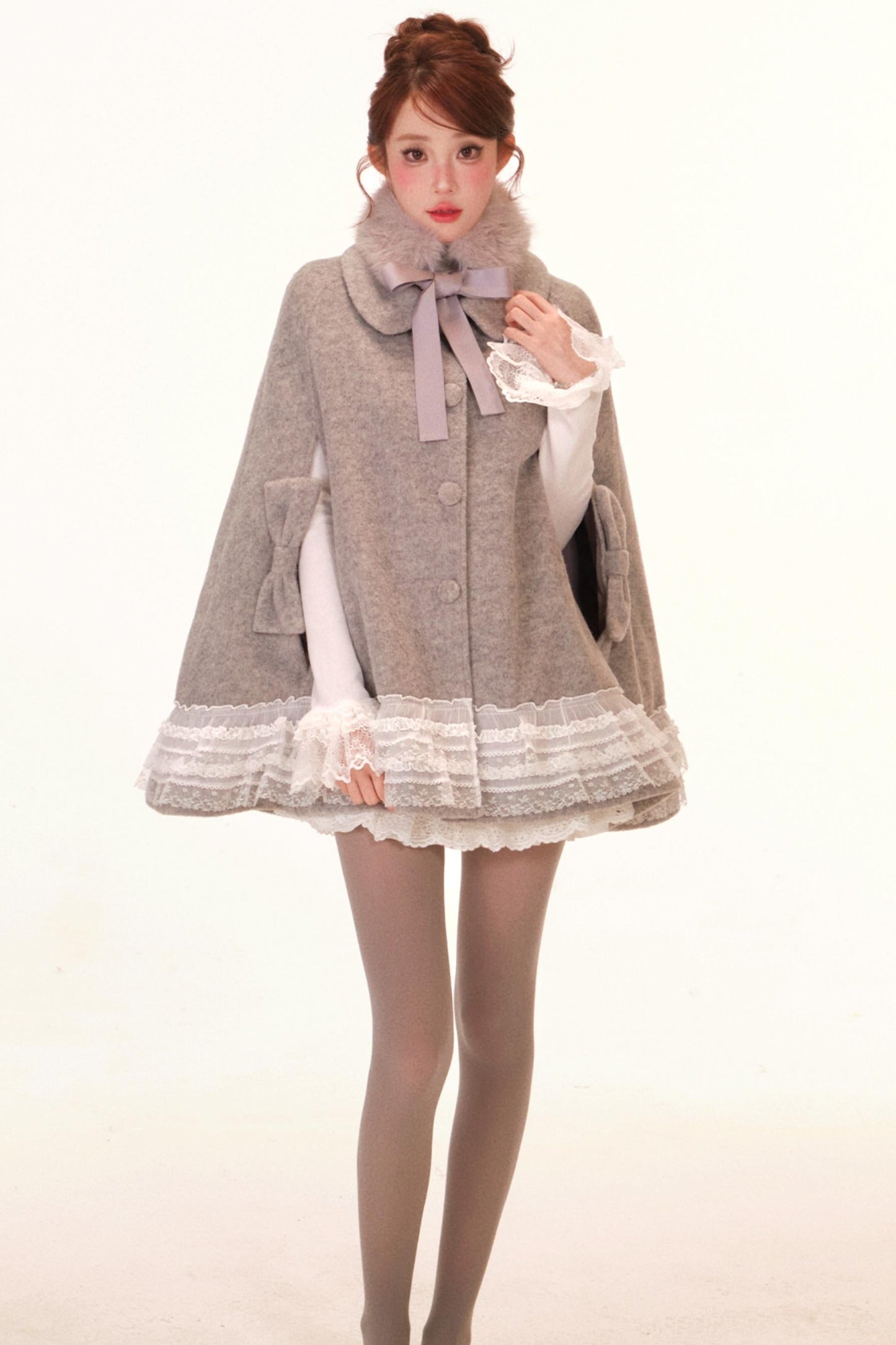 Lace Trim Cape Coat + Tops + Scarf