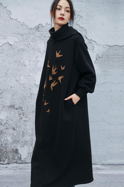 Chinese-style Fleece Lined Hooded Dress