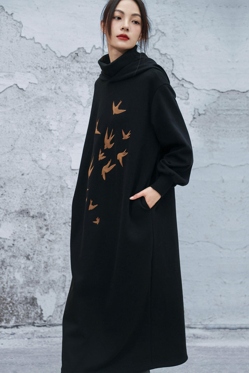Chinese-style Fleece Lined Hooded Dress