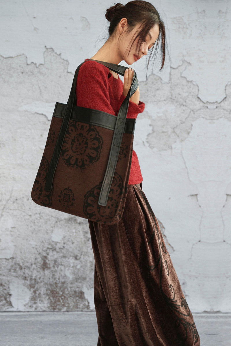 Brown Jacquard Leather Tote Bag
