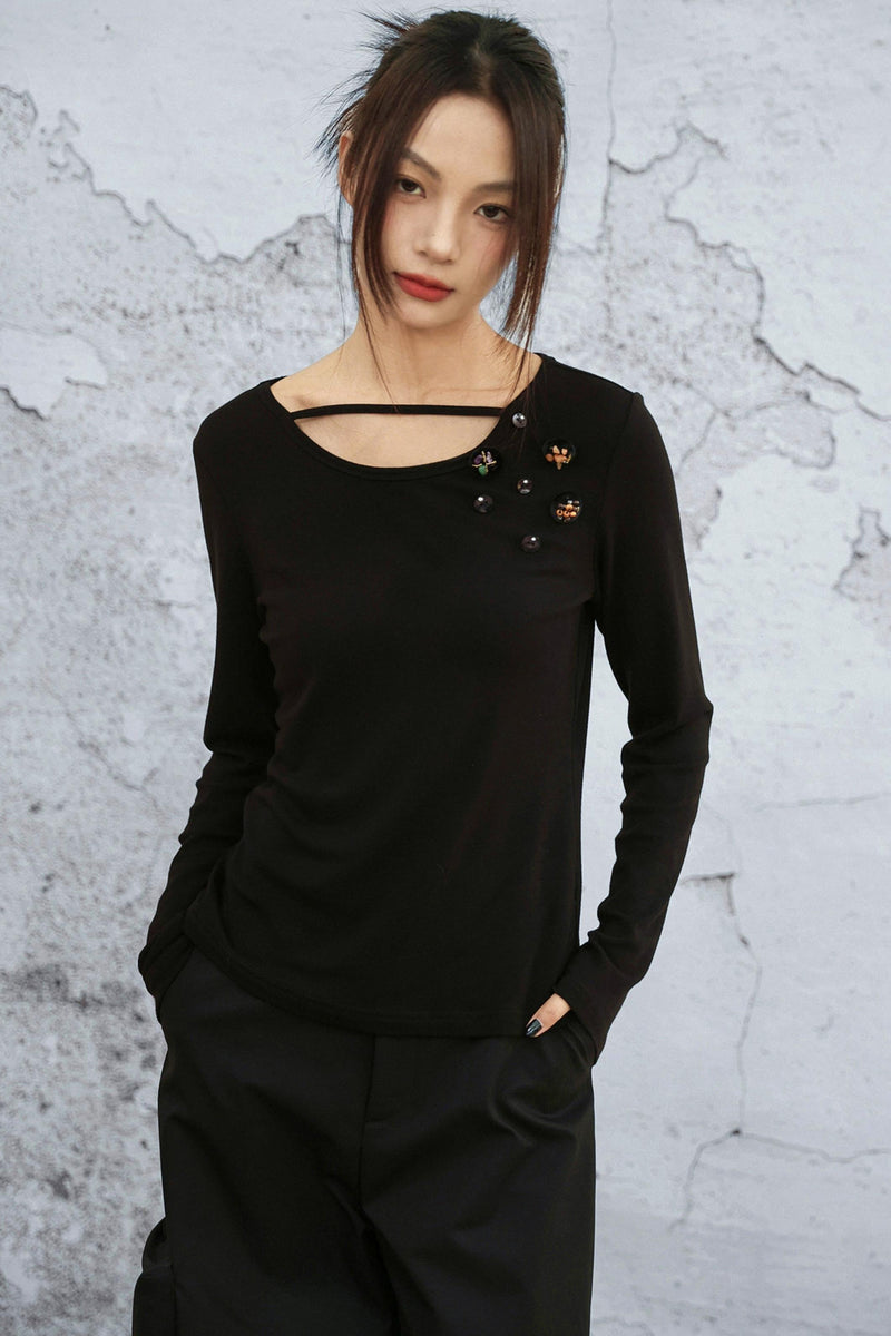 Crystal Button Velvet Knitted Top