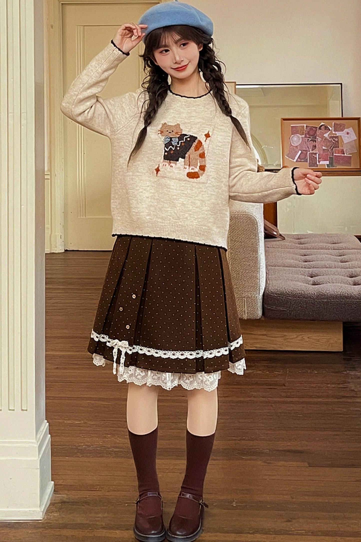 Cat Jacquard Color Block Sweater