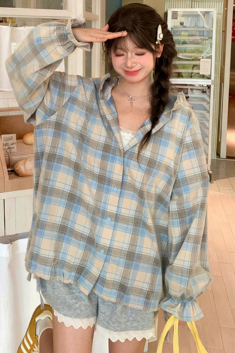 Plaid Cotton Hooded Shirt