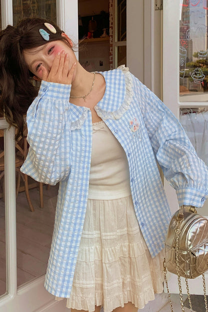 Cat Plaid Doll Collar Blouse