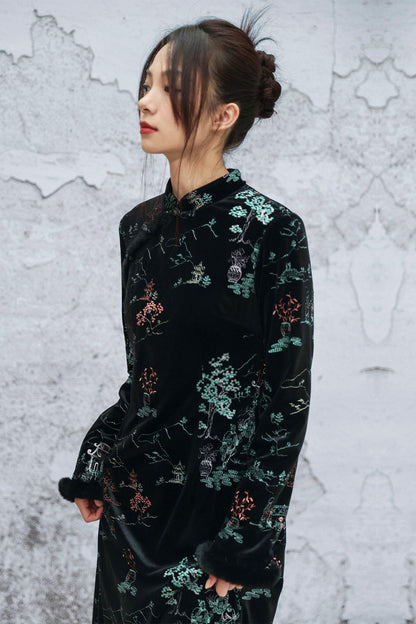 Embroidered Plush Cheongsam Dress