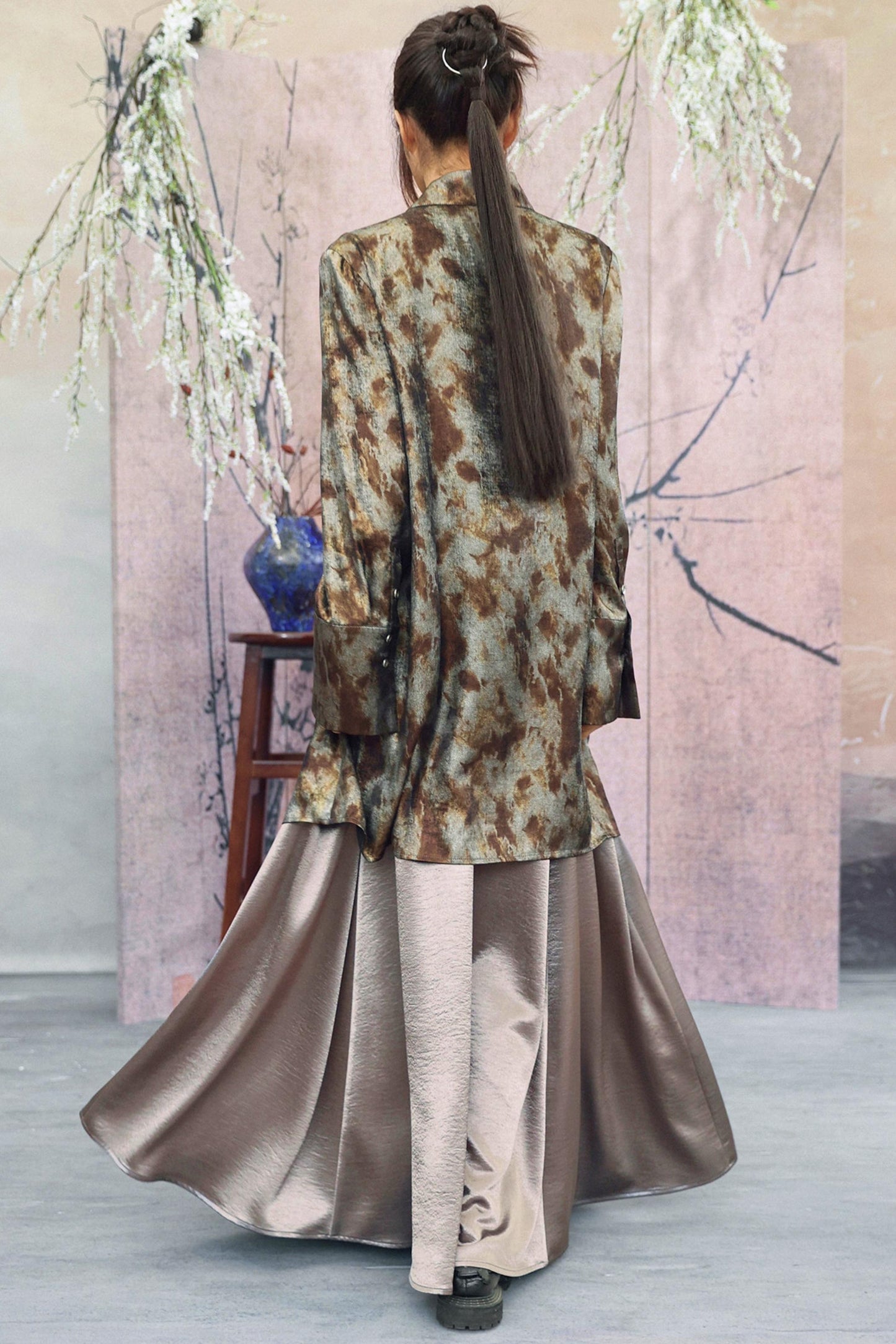 Silver Gray Metallic Satin Blouse