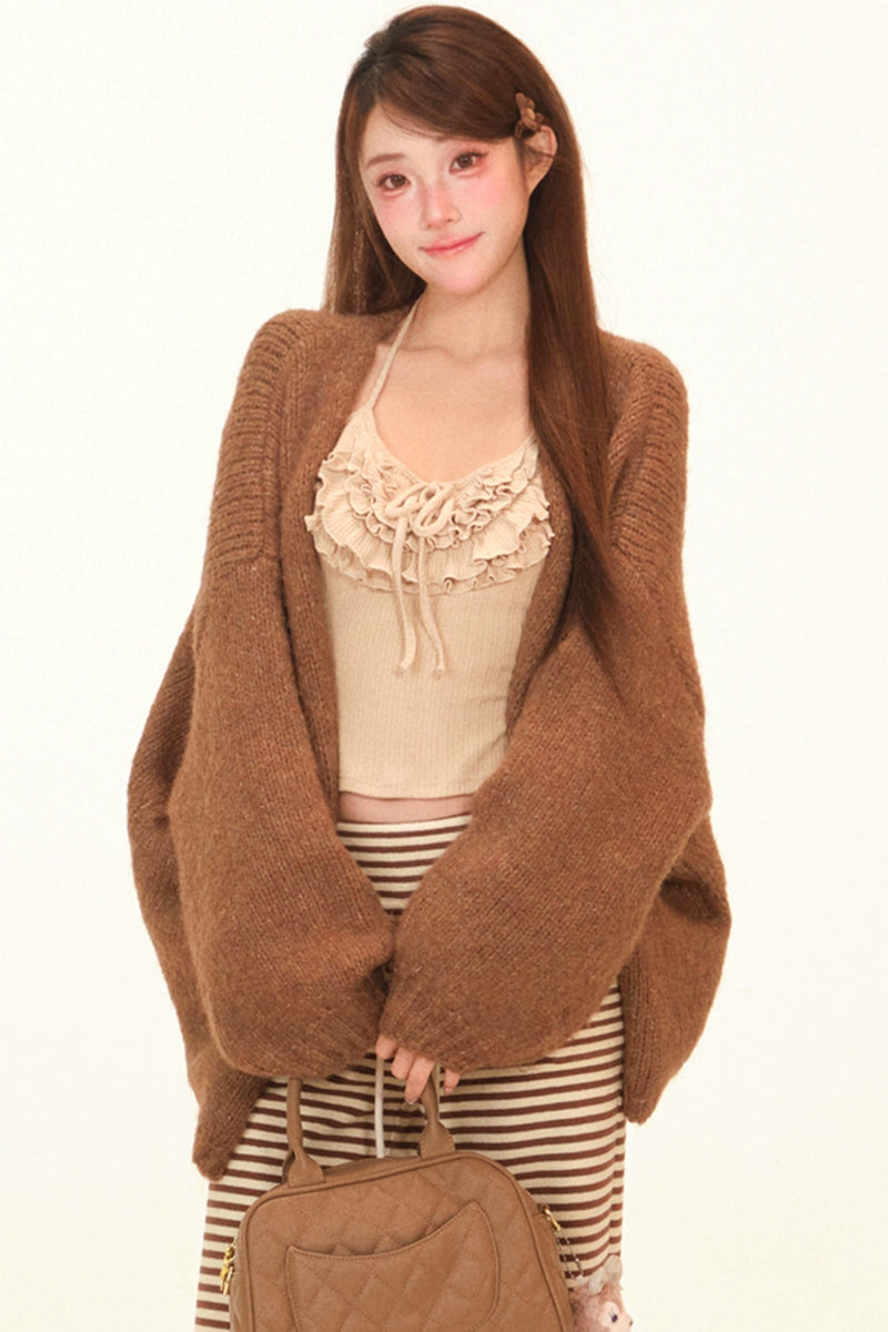 Soft Brown Ruffled Knit Cardigan + Top