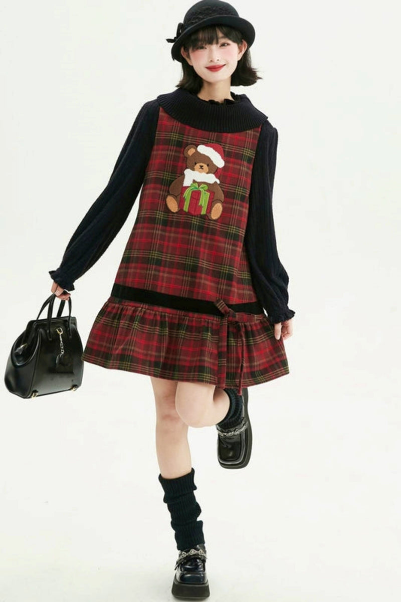 Holiday Bear Red Plaid Dress