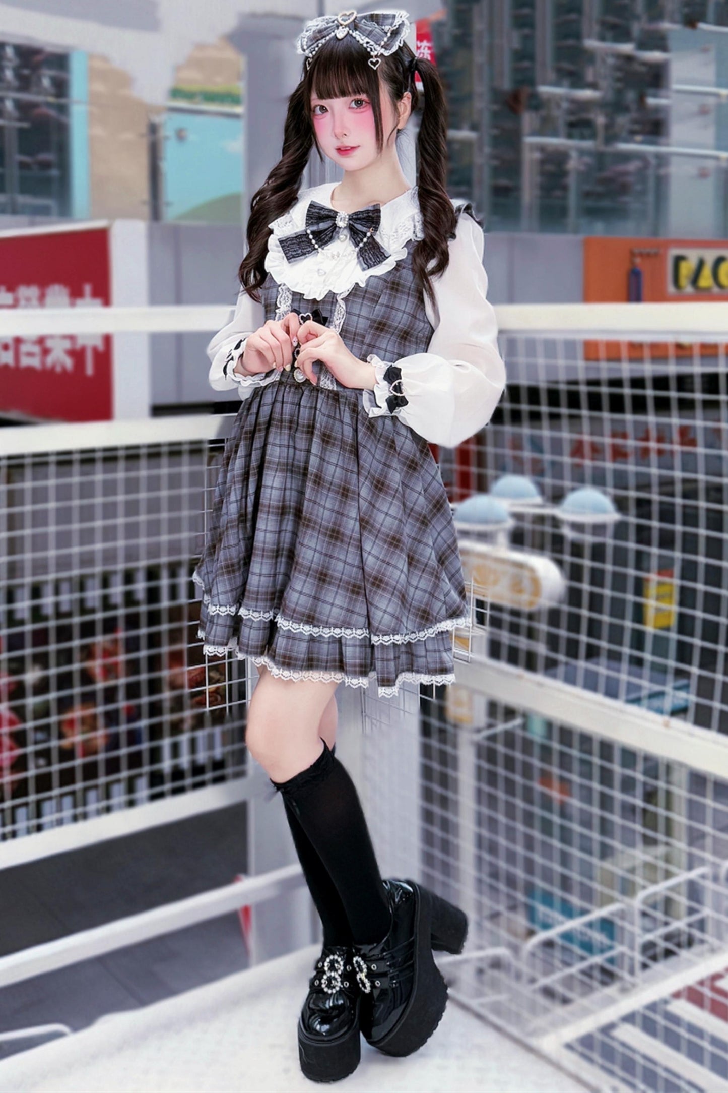 Sweet Girly Gray Plaid Ribbon Dress