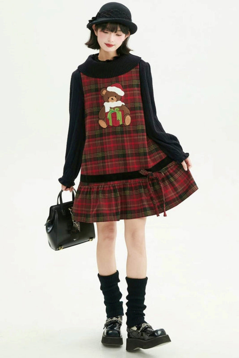 Holiday Bear Red Plaid Dress