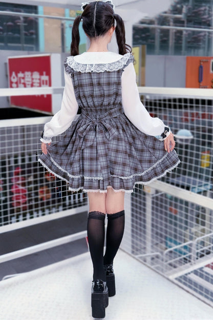 Sweet Girly Gray Plaid Ribbon Dress