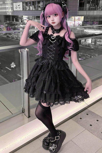 Off-shoulder Dark Kawaii Lace Dress + Neck Ring