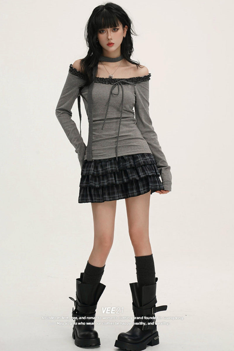 Off-shoulder Ruffle Ribbon Top (with Skinny Long Scarf)