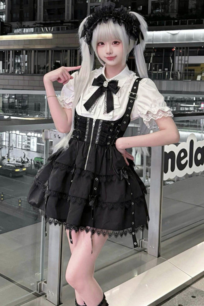 Dark Kawaii Suspender Skirt + Top + Headpiece Set