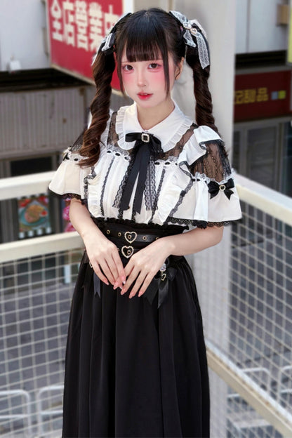 Lace Dark Kawaii Blouse + Heart Ring Long Skirt