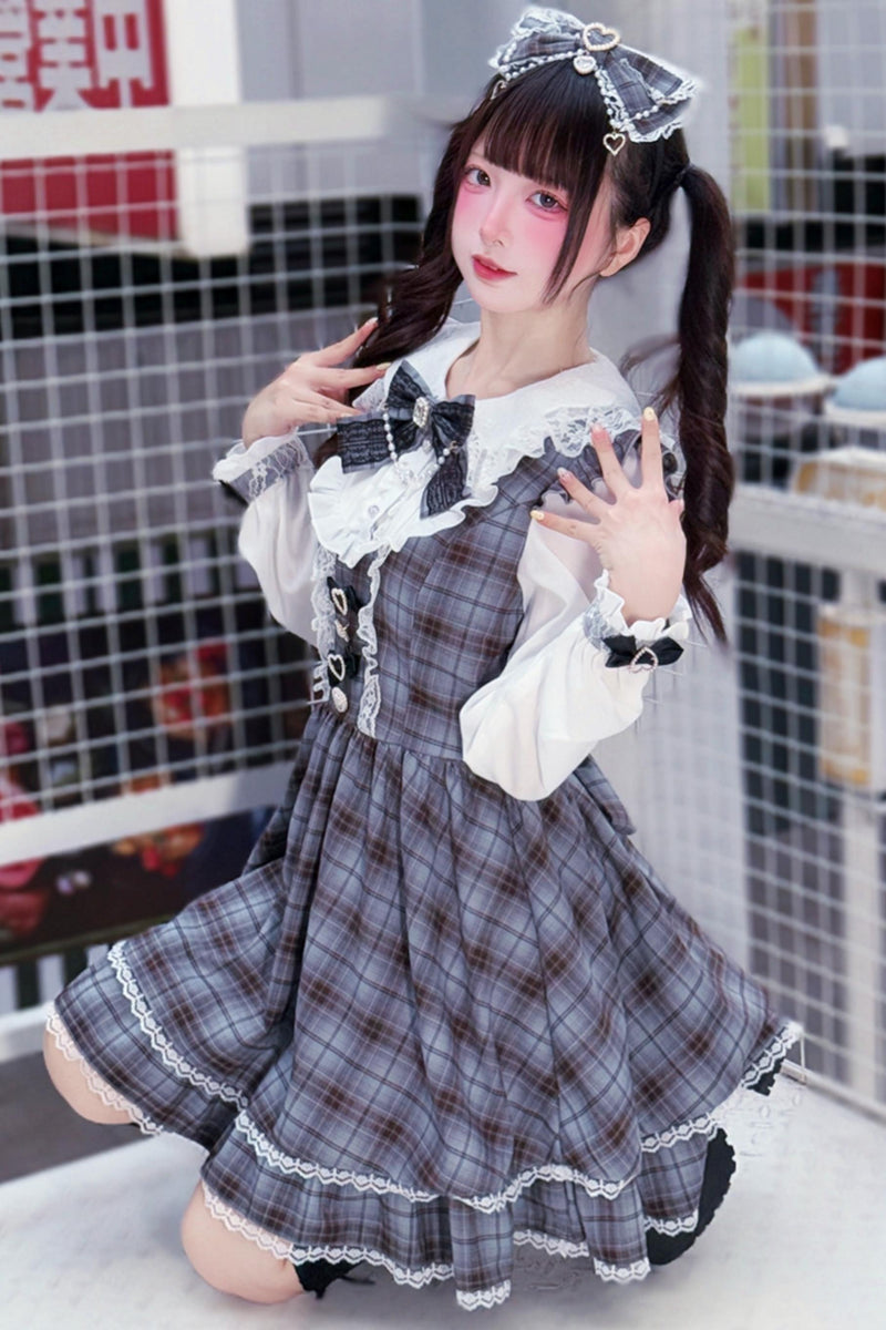 Sweet Girly Gray Plaid Ribbon Dress
