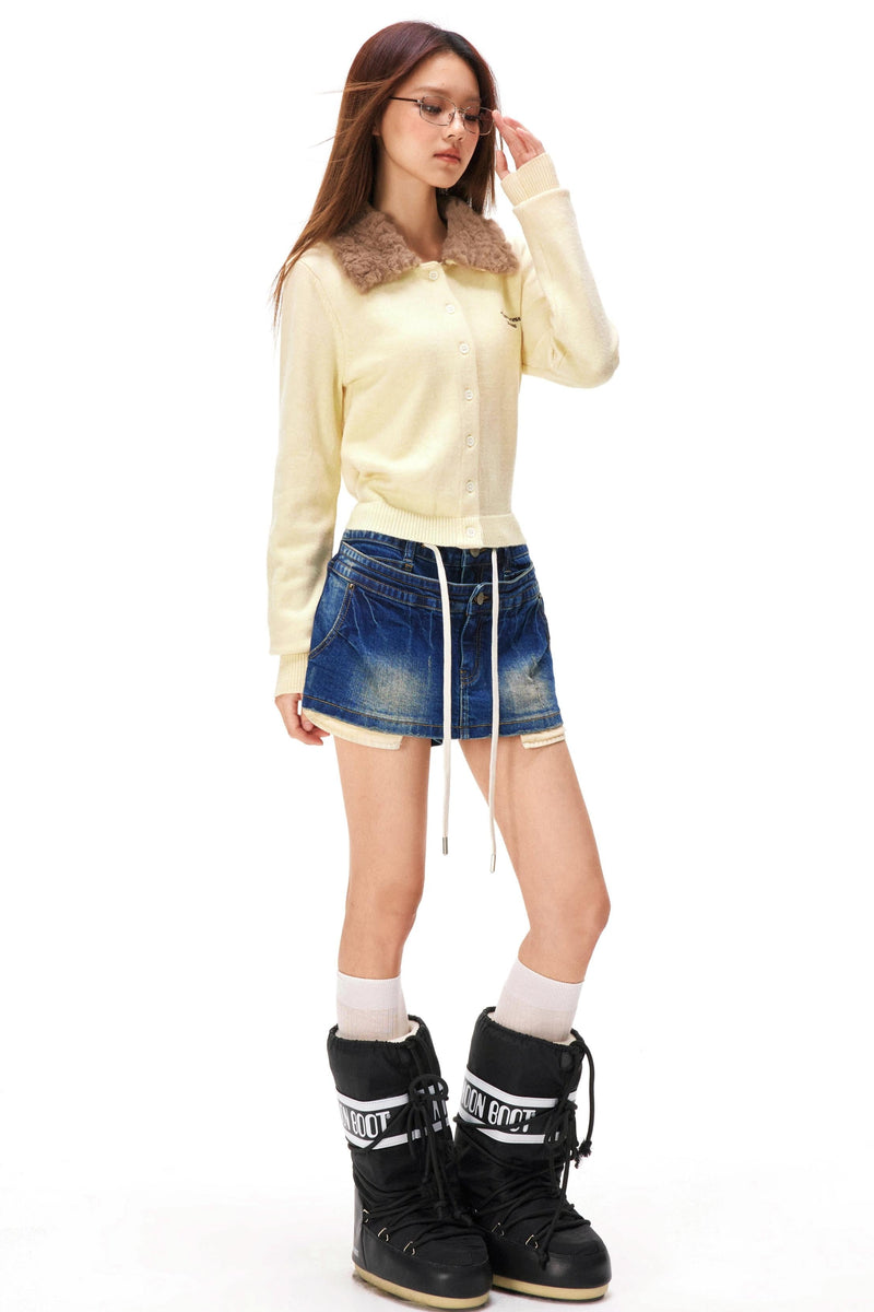 Retro Faux Fur Color Knit Cardigan