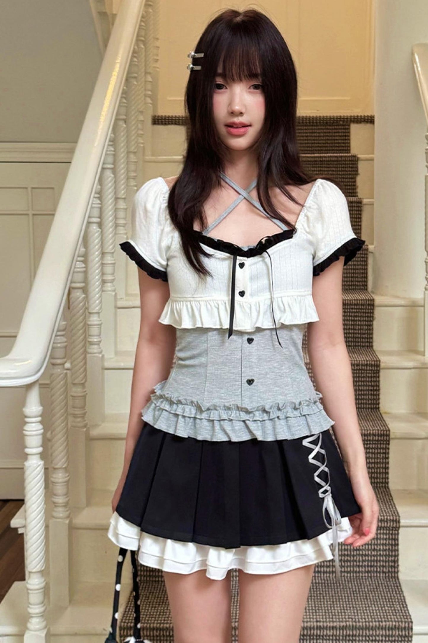 Halter Neck Cami + Lace-up Pleated Skirt + Cardigan Set