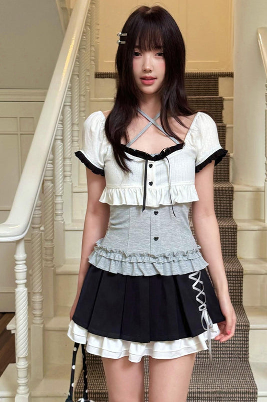Halter Neck Cami + Lace-up Pleated Skirt + Cardigan Set