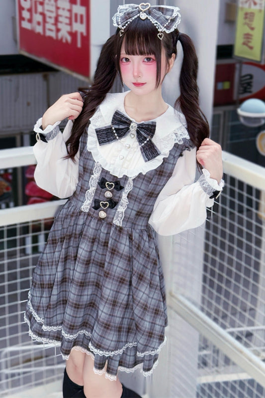 Sweet Girly Gray Plaid Ribbon Dress