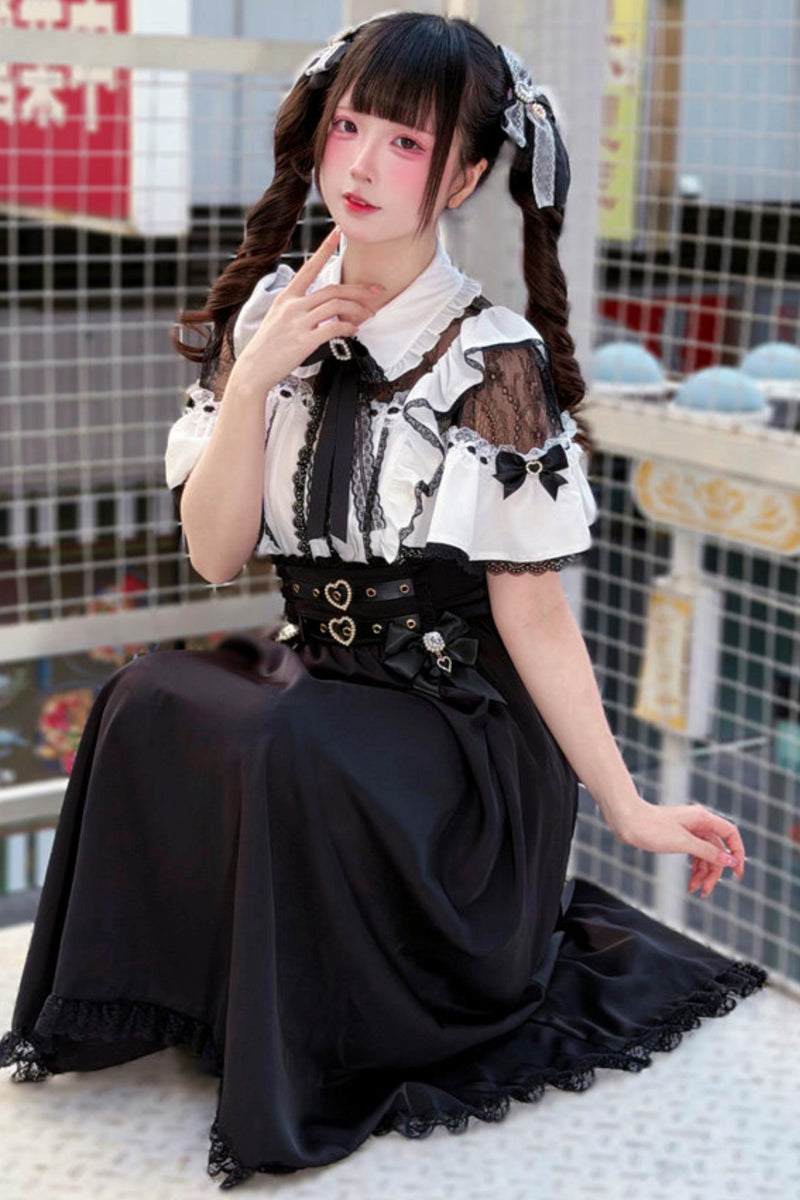 Lace Dark Kawaii Blouse + Heart Ring Long Skirt
