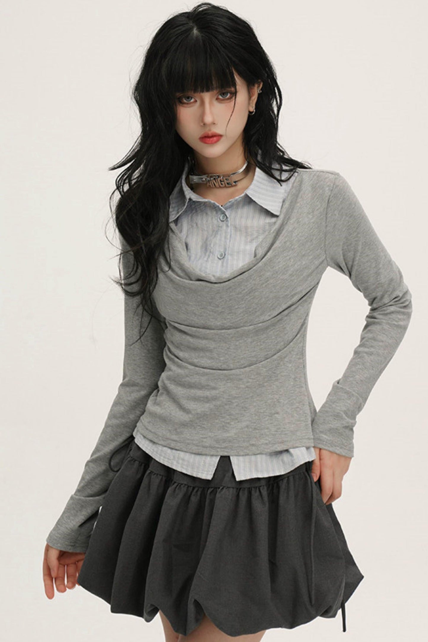 Drape Cowl Neck Layered Shirt