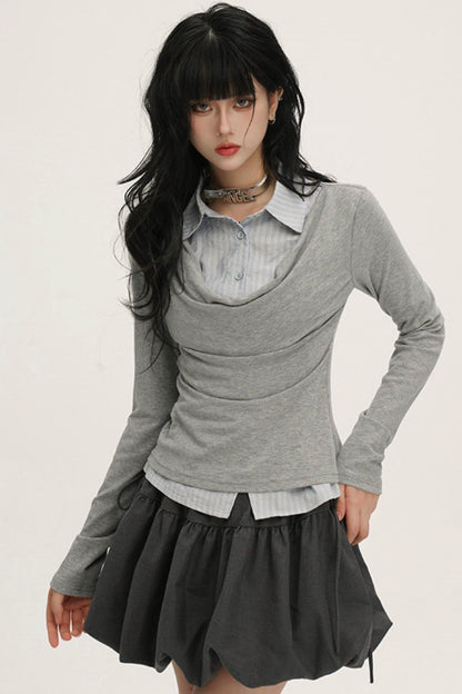 Drape Cowl Neck Layered Shirt