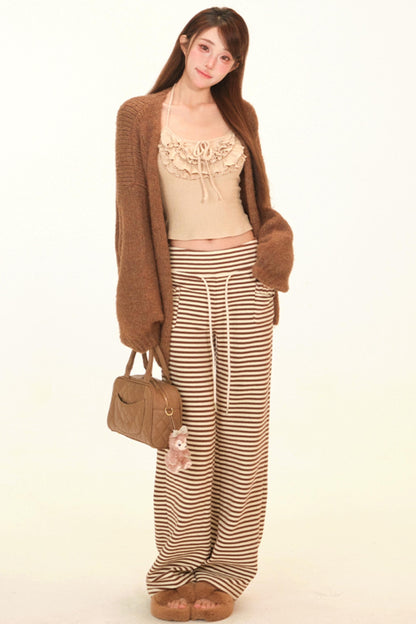 Soft Brown Ruffled Knit Cardigan + Top