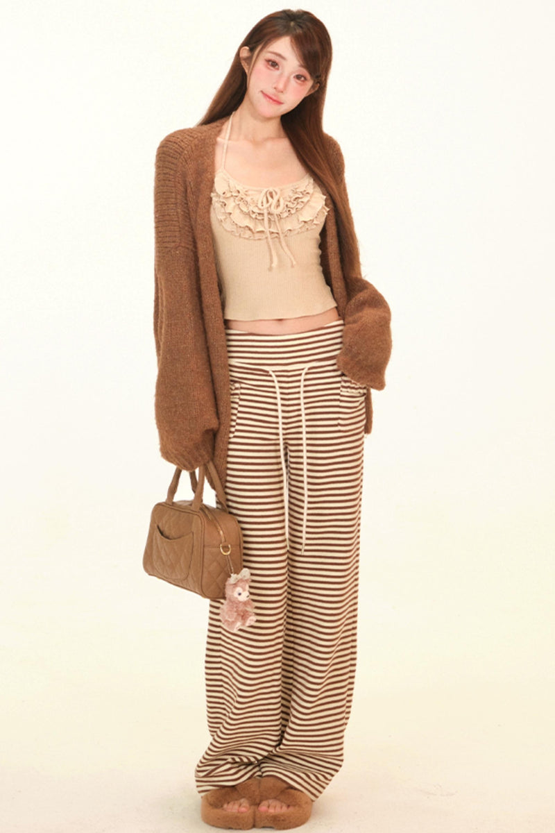 Soft Brown Ruffled Knit Cardigan + Top