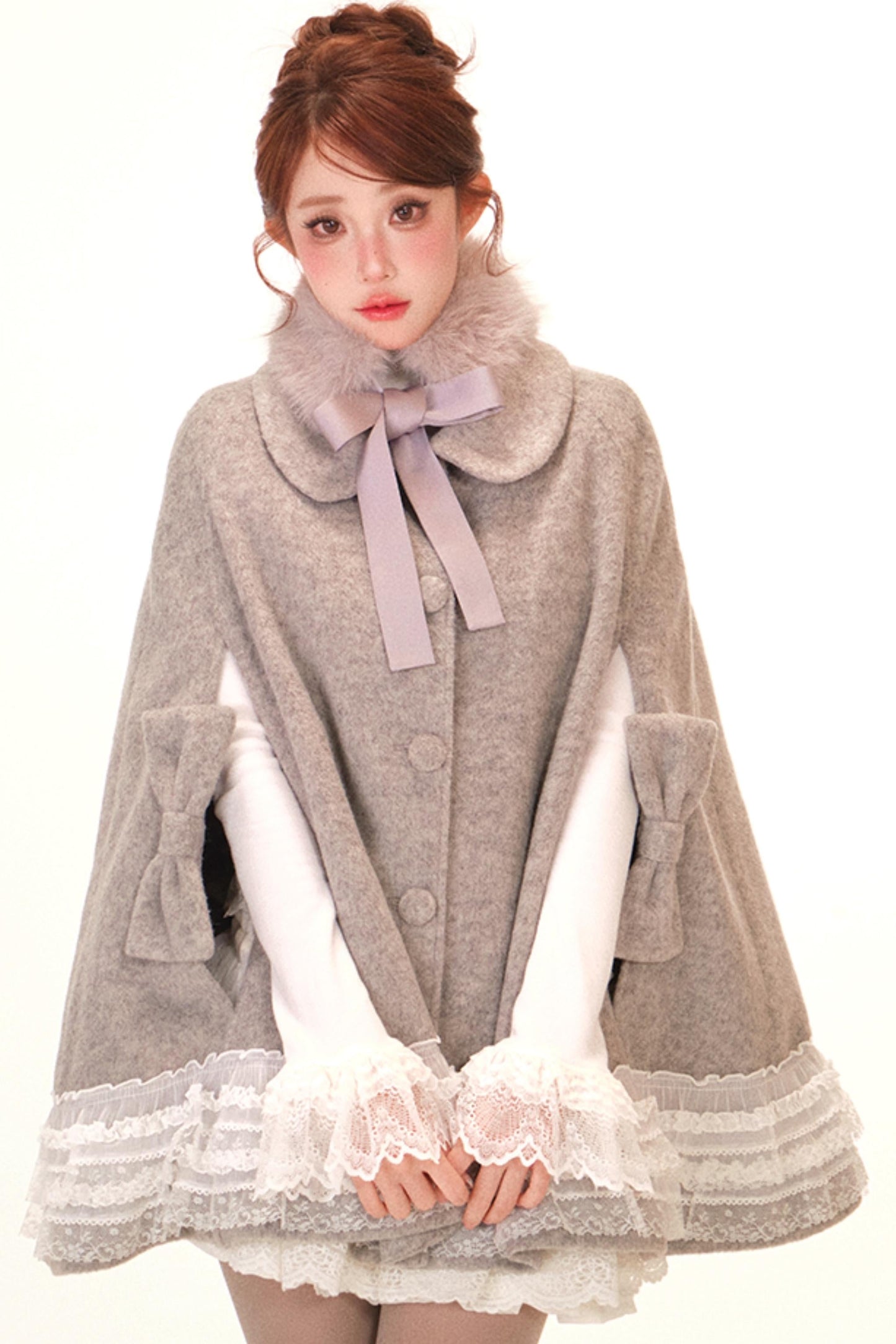 Lace Trim Cape Coat + Tops + Scarf