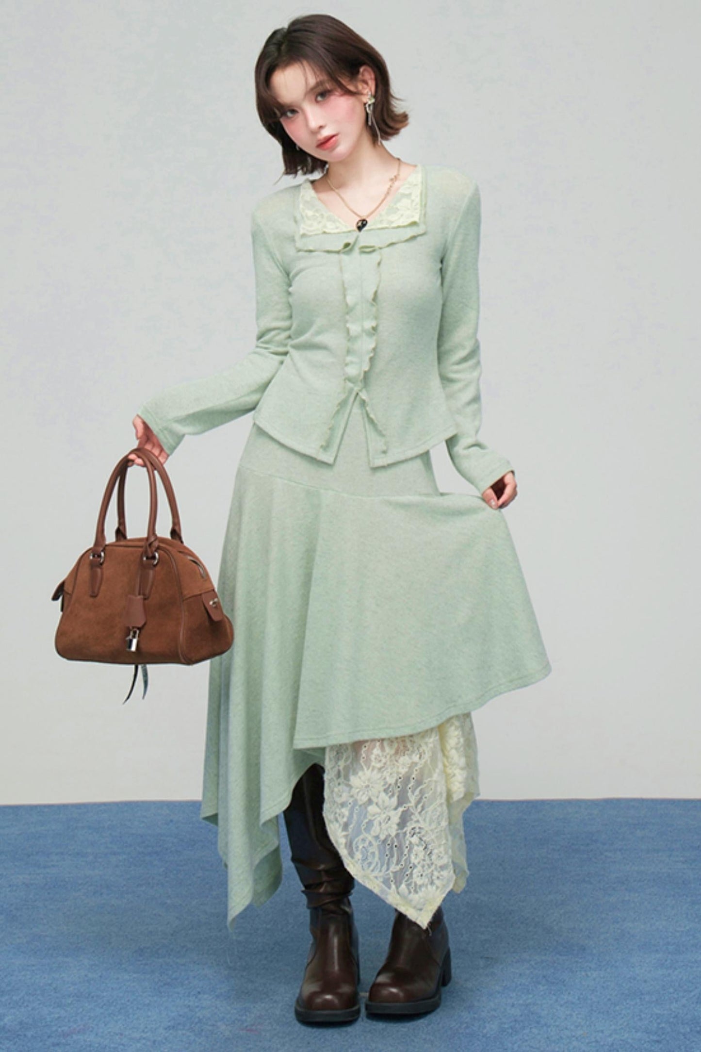 Lace Collar Knit Top + Asymmetrical Skirt