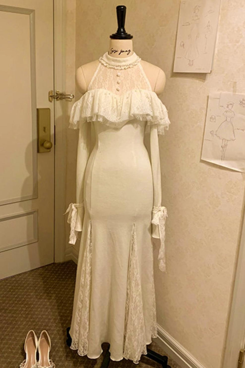 French Lace Waist Slimming Dress + Soft White Longline Cloak