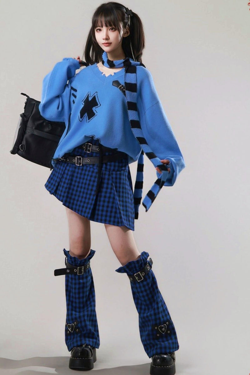 Diagonal Plaid Pleated Skirt + Leg Warmers