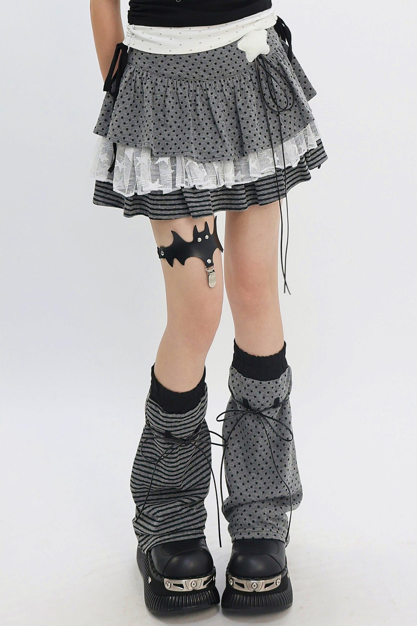 Y2k Mixed Pattern Tiered Skirt + Leg Sleeves