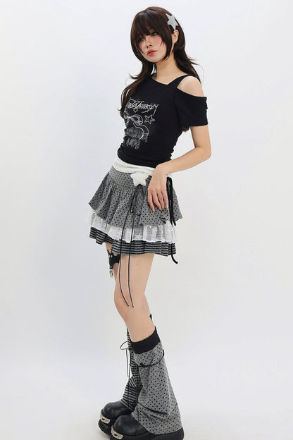 Y2k Mixed Pattern Tiered Skirt + Leg Sleeves