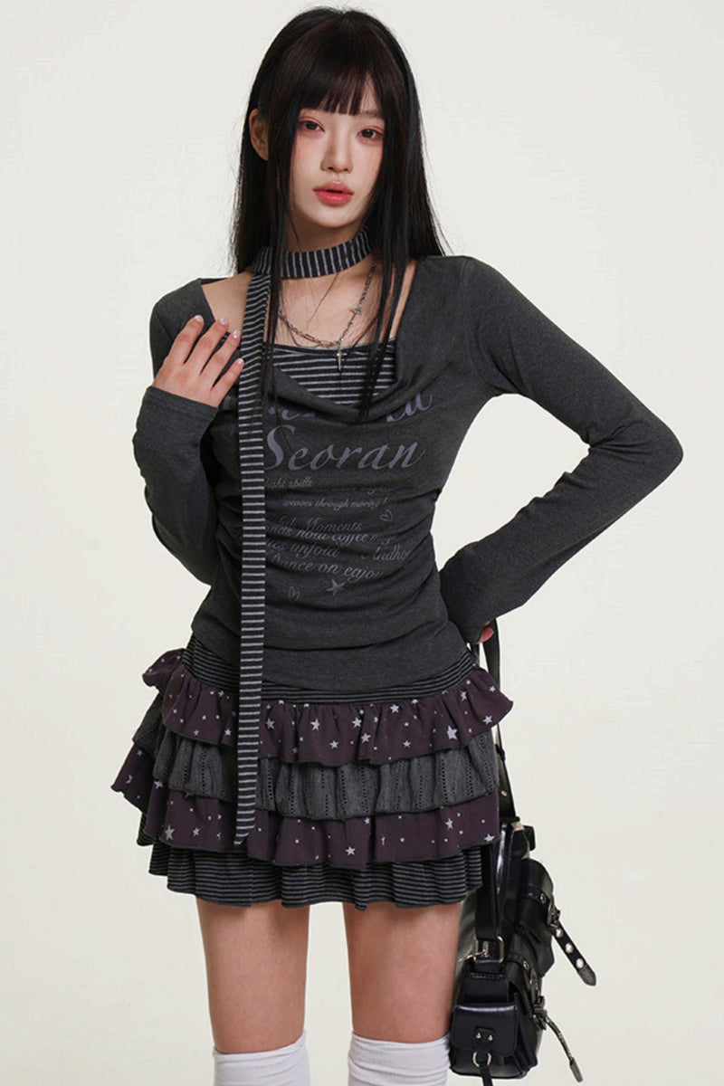 Layered Stripe Cowl Neck Fit Top (with Skinny Long Scarf)