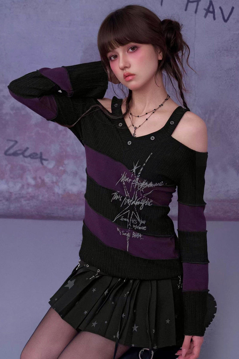 Black and Purple Off Shoulder Top