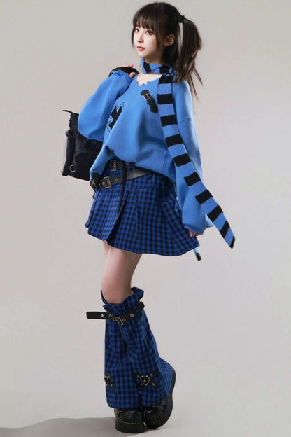 Diagonal Plaid Pleated Skirt + Leg Warmers