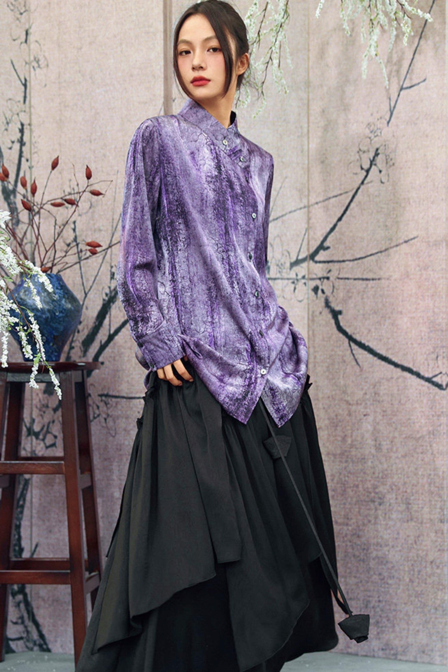 Satin Retro Stand Collar Top