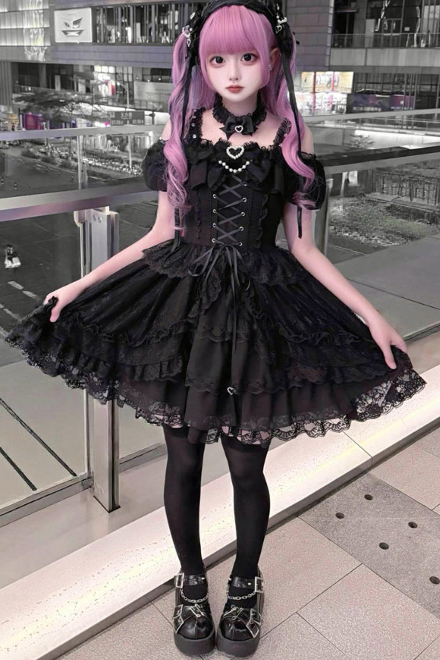 Off-shoulder Dark Kawaii Lace Dress + Neck Ring