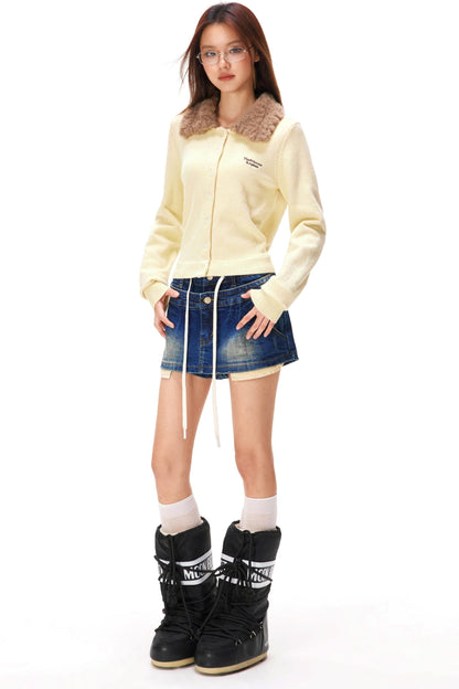 Retro Faux Fur Color Knit Cardigan