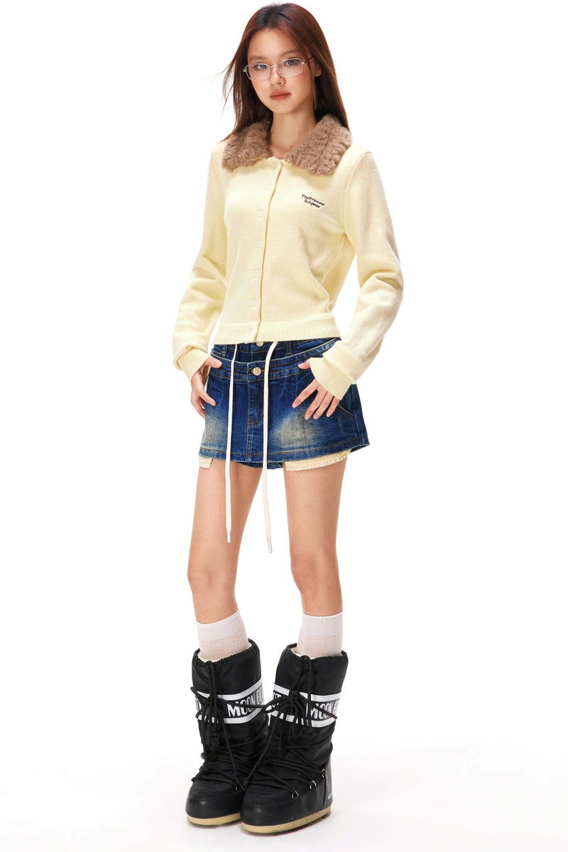 Retro Faux Fur Color Knit Cardigan