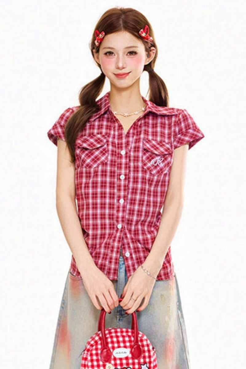 Retro Plaid Slim Fit Blouse