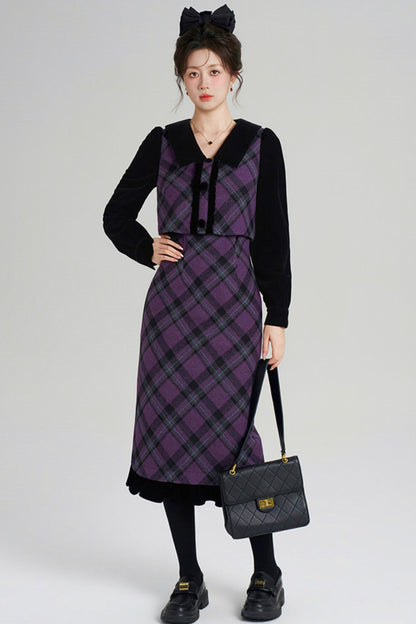 Velvet Patchwork Plaid Dress