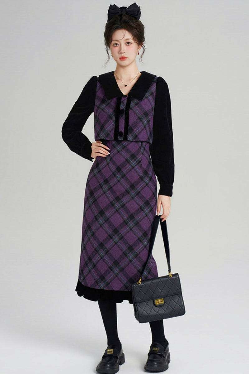 Velvet Patchwork Plaid Dress