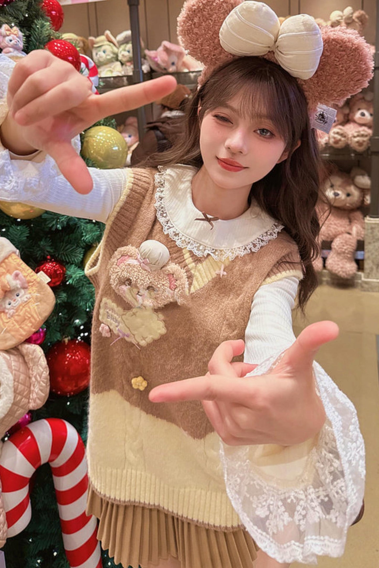 Sweet Bear Embroidered Knitted Vest + Cardigan