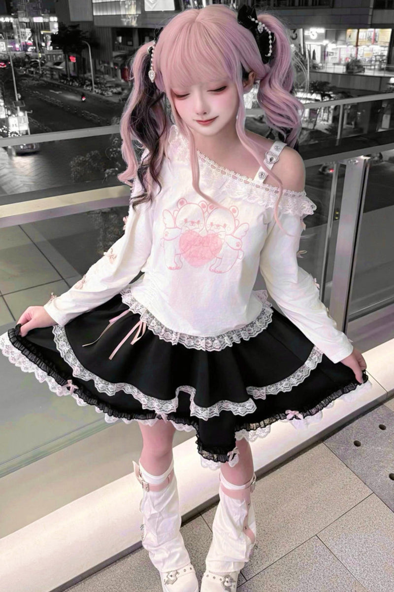 Bear Angel One-shoulder Top + Tiered Skirt