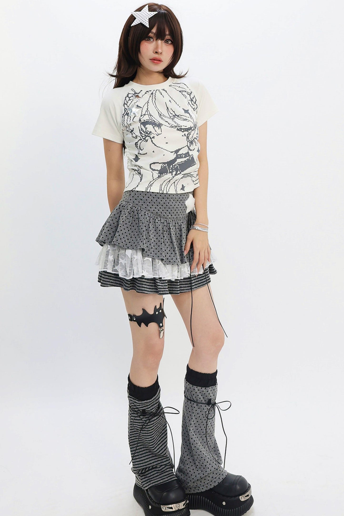 Y2k Mixed Pattern Tiered Skirt + Leg Sleeves