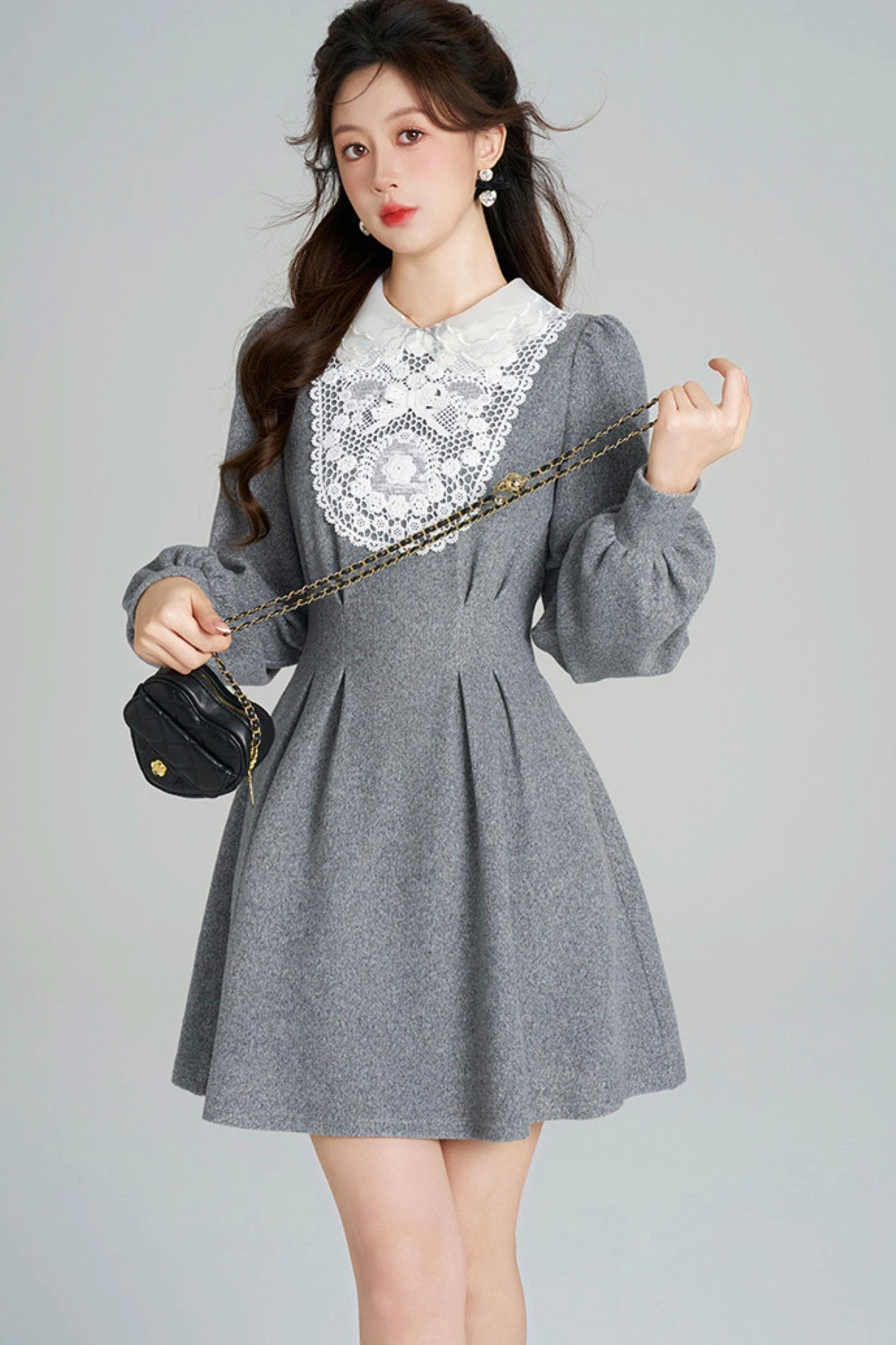 Lace Neck Design Waist Marked Dress